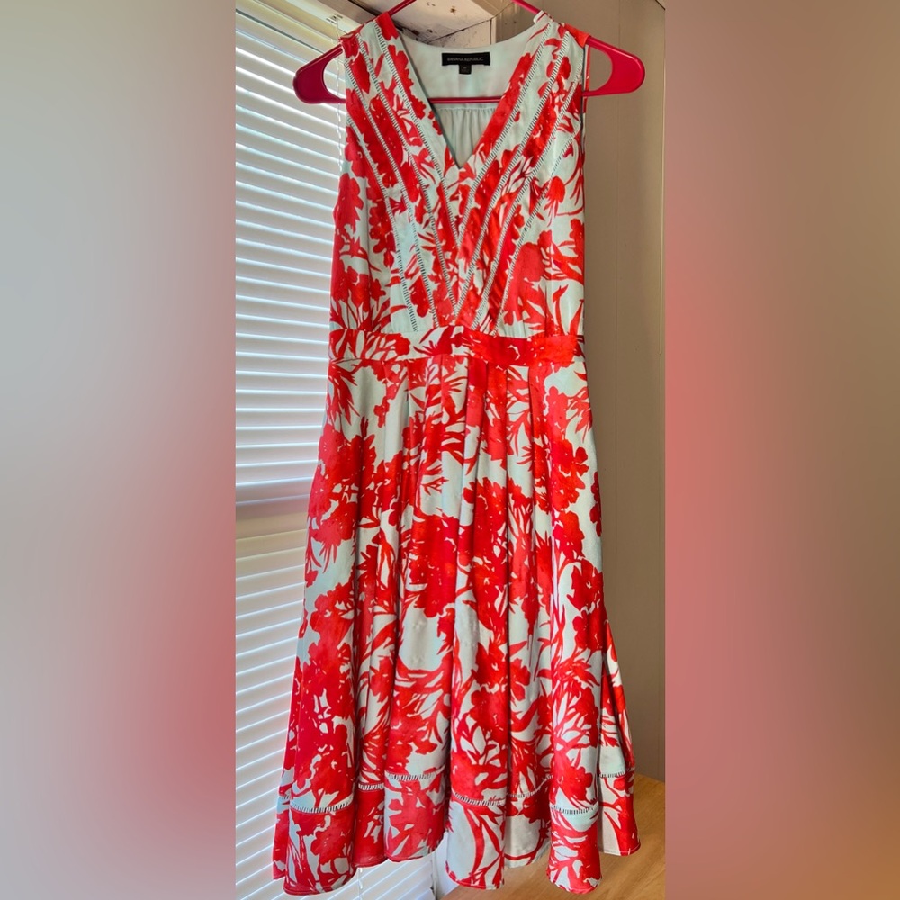 Banana Republic Floral V-Neck Women’s Dress Candy Teal Sleeveless A-Line 0 Midi